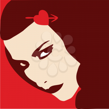 Royalty Free Clipart Image of a Woman on a Red Background With a Heart and Arrow Barrette
