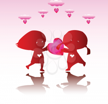 Royalty Free Clipart Image of Children With Hearts and Clouds