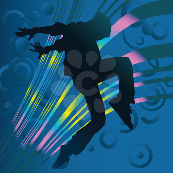 Royalty Free Clipart Image of a Silhouetted Dancer With Sweeping Colours Behind Him