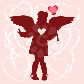 Royalty Free Clipart Image of a Girl Silhouette With Hearts and Wings