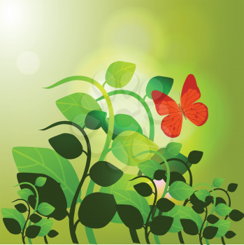Royalty Free Clipart Image of a Green Nature Scene With an Orange Butterfly