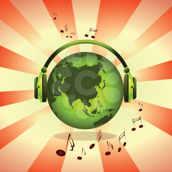 Royalty Free Clipart Image of a Green Earth Listening To Music Under Headphones