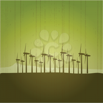 Royalty Free Clipart Image of Wind Turbines on a Green Background