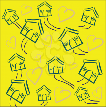 Royalty Free Clipart Image of Houses and Hearts on a Yellow Background