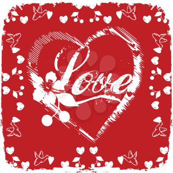 Royalty Free Clipart Image of Love in a Heart With a Flower and Berries and Doves Around the Border