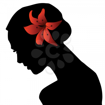 Royalty Free Clipart Image of a Beautiful Woman in Silhouette With a Red Flower in Her Hair
