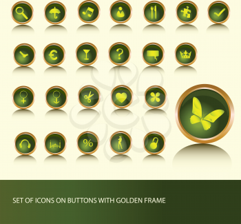 Royalty Free Clipart Image of Green Buttons on a Golden Frame