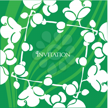 Royalty Free Clipart Image of an Invitation With Flowers and a Green Swirly Striped Background