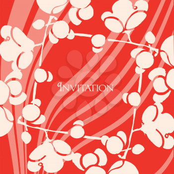 Royalty Free Clipart Image of an Invitation With Flowers and a Red Swirly Striped Background