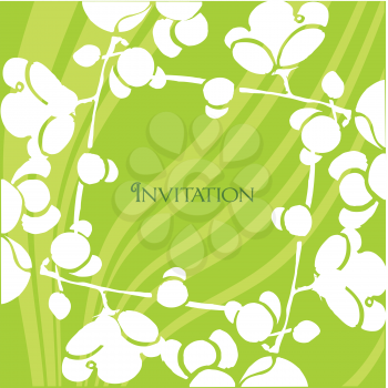 Royalty Free Clipart Image of an Invitation on a Green Background With White Swirling Flowers