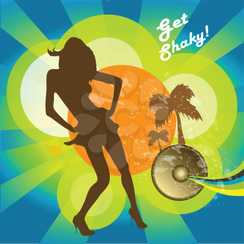Royalty Free Clipart Image of a Girl in Silhouette on a Tropical Background