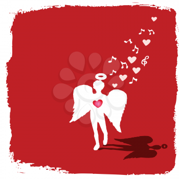 Royalty Free Clipart Image of an Angel Singing on a Red Background