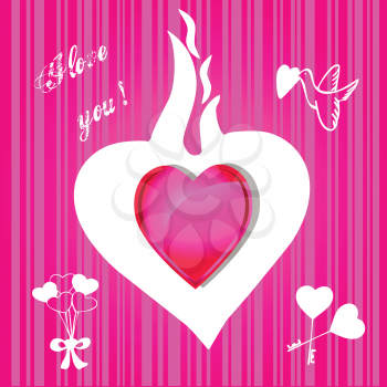 Royalty Free Clipart Image of Flaming Heart With Hearts Balloons and Keys and a Dove