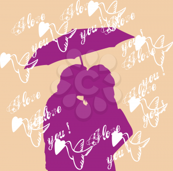 Royalty Free Clipart Image of a Silhouetted Couple Kissing Under an Umbrella