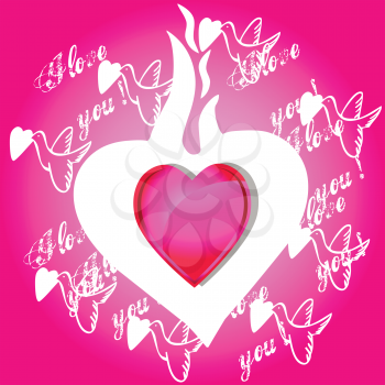 Royalty Free Clipart Image of a Flaming Heart With Doves and I Love You Around the Outside