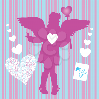 Royalty Free Clipart Image of a Valentine Girl With a Bird and Hearts