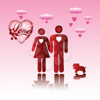 Royalty Free Clipart Image of a Couple and a Dog With Hearts and Clouds