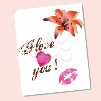 Royalty Free Clipart Image of an I Love you Greeting With a Flower, Heart and Lipstick Smudge