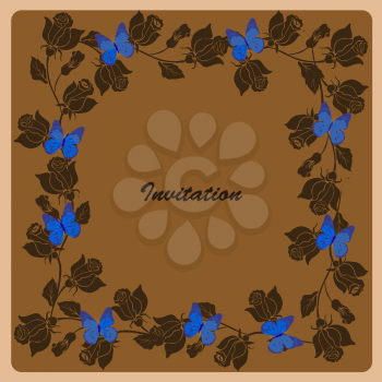 Royalty Free Clipart Image of an Invitation Framed in Butterflies and Roses
