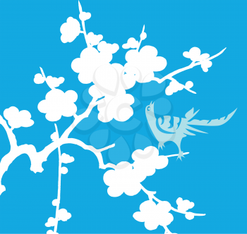 Royalty Free Clipart Image of a White Bird on White Flowers on a Blue Background