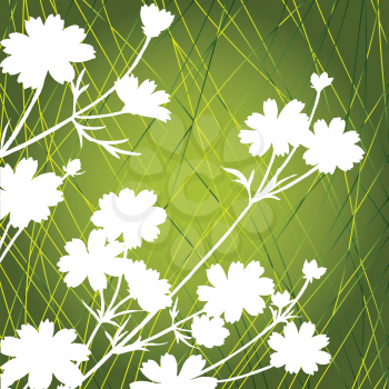 Royalty Free Clipart Image of White Flowers on a Green Background With Green Slashes of Colour