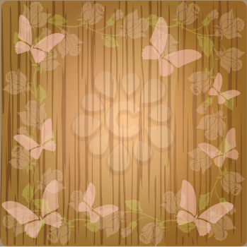 Royalty Free Clipart Image of a Wooden Background With Roses and Butterflies