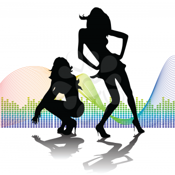 2 women shilouettes on waved music background