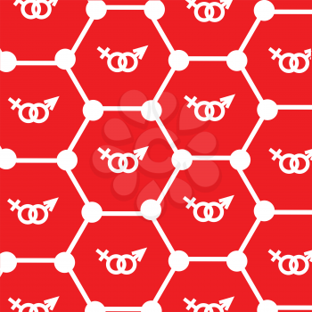 atoms, feminine and masculine signs on red background