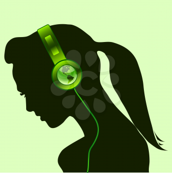 beautiful woman silhouette with green earth globe headsets