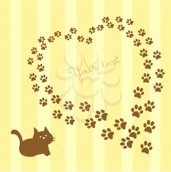 card with cat and paws heart shaped 