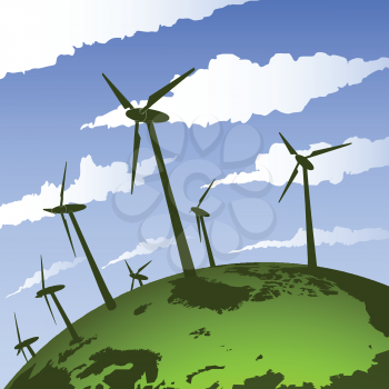 eco windmills on green earth and blue sky