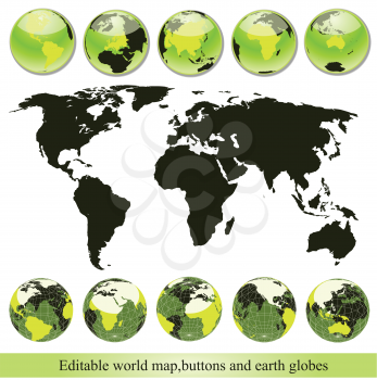 editable world map,buttons and earth globes on green