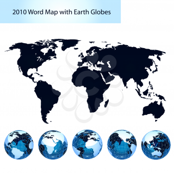 editable world map with earth globes, dark blue