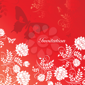flowers and butterflie on red invitation postcard