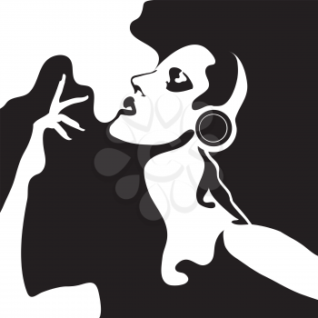 woman with headsets singing ( retro style drawing)