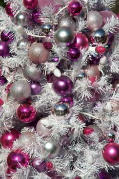Royalty Free Photo of Pink Christmas Ornaments on a Silver Tree