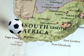 Royalty Free Photo of a Map of South Africa With a Soccer Ball Pin