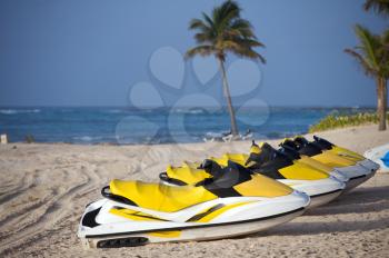 Wave runners at the beach with the Caribbean Sea in the at the MAyan Riviera 
