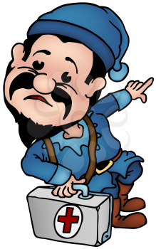 Royalty Free Clipart Image of a Dwarf With a Red Cross Bag