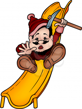 Royalty Free Clipart Image of a Dwarf Going Down a Slide