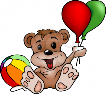 Royalty Free Clipart Image of a Bear With Balloons and a Ball
