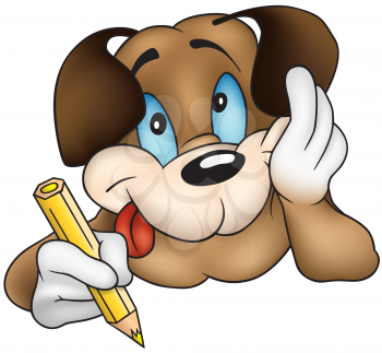 Royalty Free Clipart Image of a Brown Puppy With a Pencil Crayon