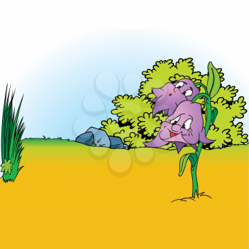 Royalty Free Clipart Image of Purple Flowers, Bushes, Stone and Grass