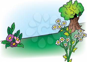 Royalty Free Clipart Image of a Tree With Daisies and Flowers