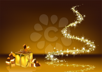Royalty Free Clipart Image of a Gold Starry Spiral and Christmas Presents