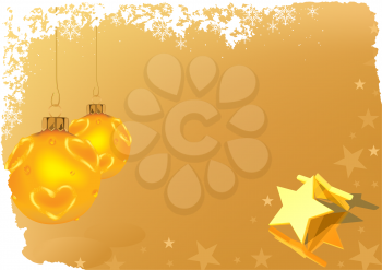 Royalty Free Clipart Image of a Gold Christmas Greeting With Stars and Ornaments