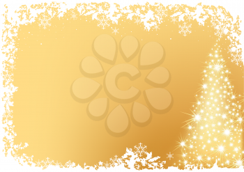 Royalty Free Clipart Image of a Christmas Tree in a Corner on a Gold Background