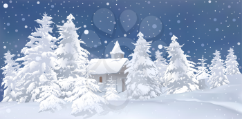 Royalty Free Clipart Image of a Snowy Church Scene