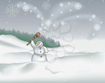 Royalty Free Clipart Image of a Winter Scene With a Snowman Waving His Broom