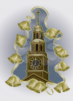 Royalty Free Clipart Image of a Church Steeple With Bells Around The Outside